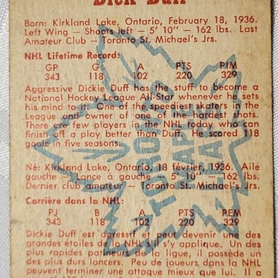 1960-61 Parkhurst Dick Duff Leafs Card  - Image 9 of 11