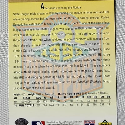 1993 Upperdeck Carlos Delgado Blue Jays Rookie Card  - Image 5 of 9