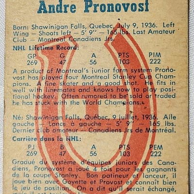 1960-61 Parkhurst Andre Pronovost Canadians Card  - Image 10 of 10