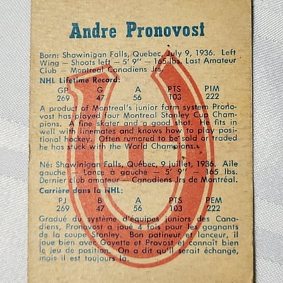 1960-61 Parkhurst Andre Pronovost Canadians Card  - Image 6 of 10