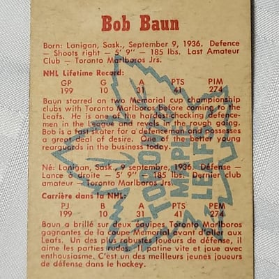 1960-61 Parkhurst Bob Baun Leafs Card  - Image 6 of 11