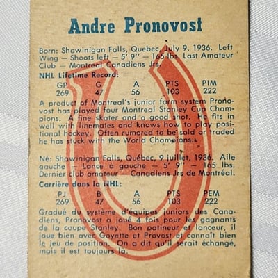 1960-61 Parkhurst Andre Pronovost Canadians Card  - Image 2 of 10