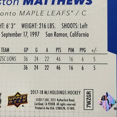 2017-18 Upperdeck Auston Matthews Rookie card  - Image 10 of 11