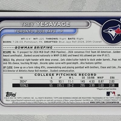 2024 Topps Trey Yesavage Rookie Card Blue Jays - Image 4 of 11