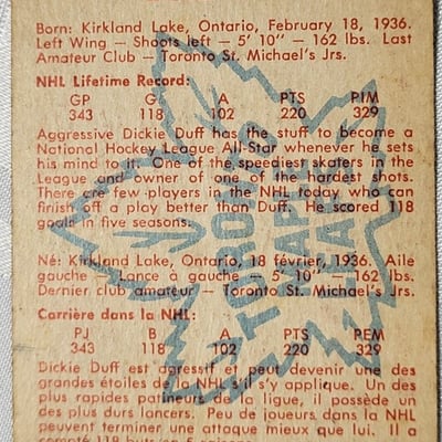 1960-61 Parkhurst Dick Duff Leafs Card  - Image 11 of 11
