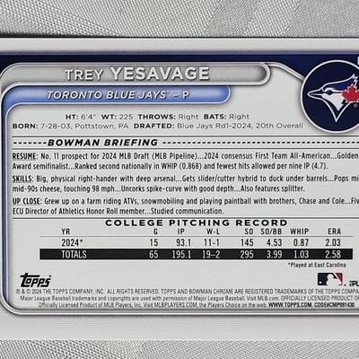 2024 Topps Trey Yesavage Rookie Card Blue Jays - Image 7 of 11