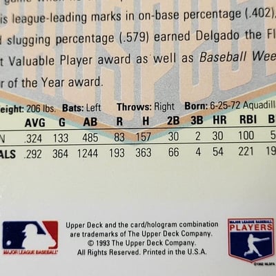 1993 Upperdeck Carlos Delgado Blue Jays Rookie Card  - Image 3 of 9