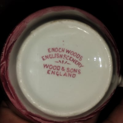 Pink transferware teacup and saucer by Enoch Woods (Wood & Sons), England - Image 2 of 2