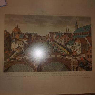 Framed cityscape print with river and bridge - Image 2 of 2