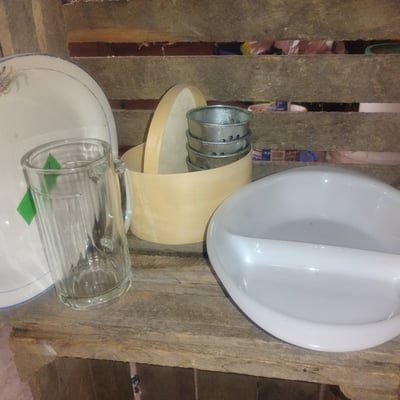 Glass mug, plate, metal rings, and divided white serving bowl - Image 2 of 2