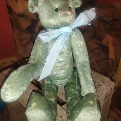 Green teddy bear plush with blue ribbon - Image 2 of 2