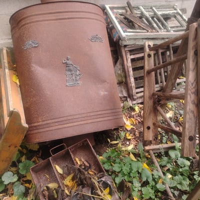 Rusty metal drum and assorted discarded furniture and scrap - Image 2 of 3