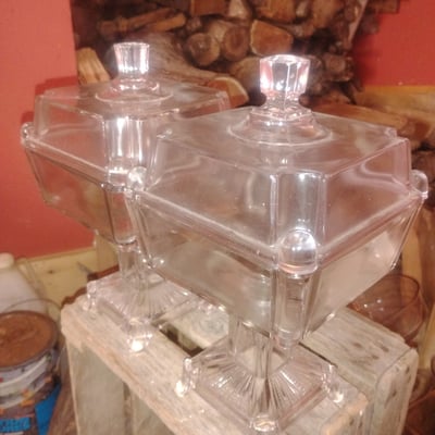 Two clear glass covered serving dishes on pedestal stands - Image 1 of 2