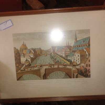 Framed cityscape print with river and bridge - Image 1 of 2
