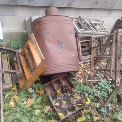 Rusty metal drum and assorted discarded furniture and scrap - Image 1 of 3