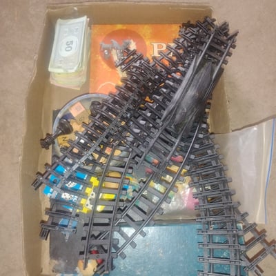 Model railroad track pieces with accessories and monopoly peices  cash - Image 2 of 2