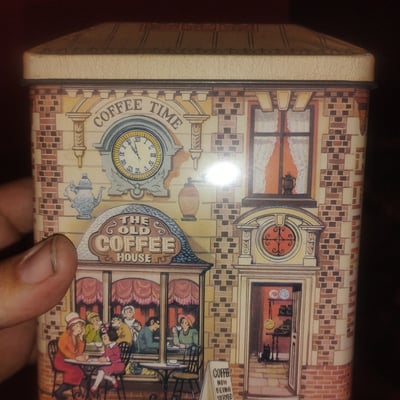 Decorative tin canister with coffee house illustrations - Image 1 of 2