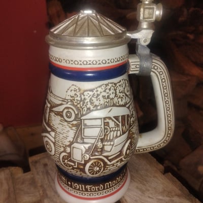 Bugatti car-themed ceramic beer stein with lid - Image 1 of 2