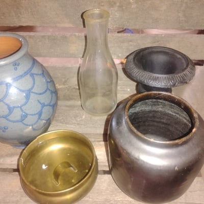 Blue patterned ceramic jar, glass bottle, and dark pottery vessels - Image 1 of 2