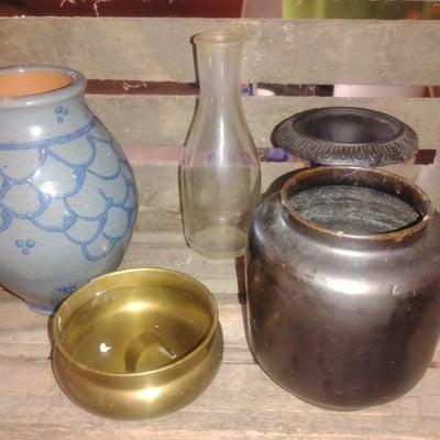 Blue patterned ceramic jar, glass bottle, and dark pottery vessels - Image 2 of 2