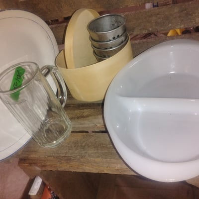 Glass mug, plate, metal rings, and divided white serving bowl - Image 1 of 2