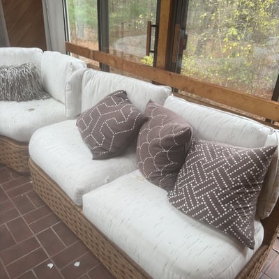 Wicker outdoor sectional with glass coffee table and accessories - Image 1 of 9