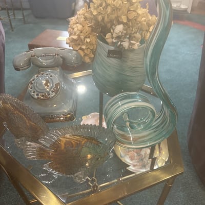 Blue glass decor collection with vase, spiral sculpture, bowl, and glass birds - Image 1 of 5