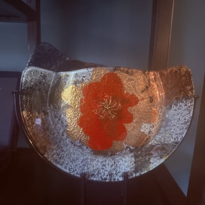 Crescent glass panel with red flower and geometric textured panel - Image 2 of 6