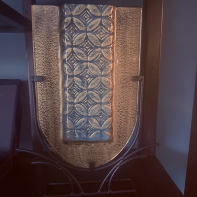 Crescent glass panel with red flower and geometric textured panel - Image 4 of 6