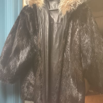 Black leather and fur coat with tan fur trim - Image 1 of 10