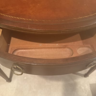 Antique mahogany desk with circular leather-inlaid top and built-in hutch - Image 3 of 8