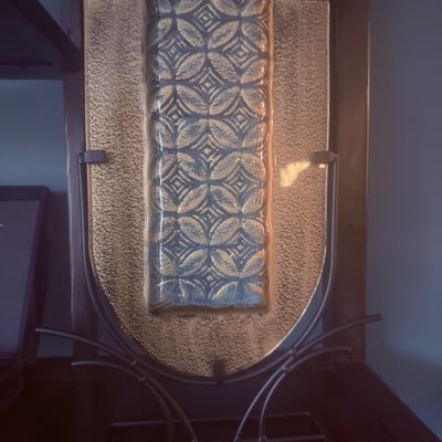 Crescent glass panel with red flower and geometric textured panel - Image 5 of 6