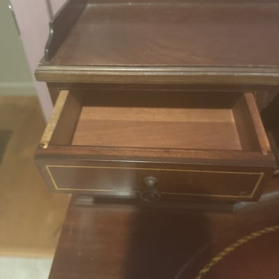 Antique mahogany desk with circular leather-inlaid top and built-in hutch - Image 2 of 8