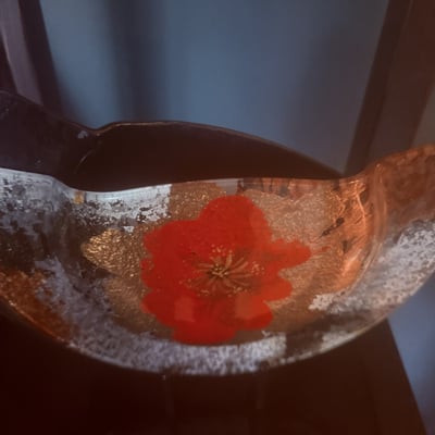 Crescent glass panel with red flower and geometric textured panel - Image 3 of 6