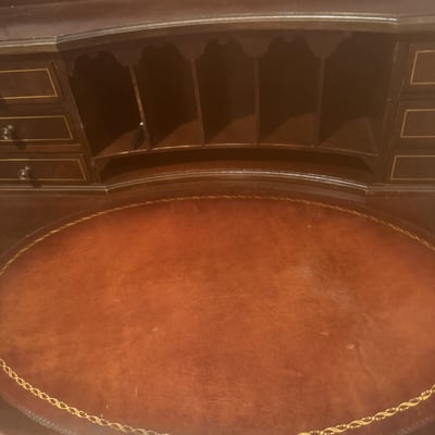 Antique mahogany desk with circular leather-inlaid top and built-in hutch - Image 7 of 8
