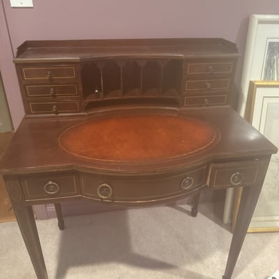 Antique mahogany desk with circular leather-inlaid top and built-in hutch - Image 1 of 8