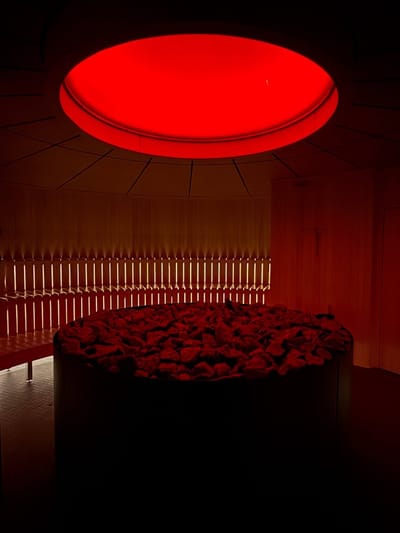 Poêle de sauna circulaire sous une lumière rouge au plafond