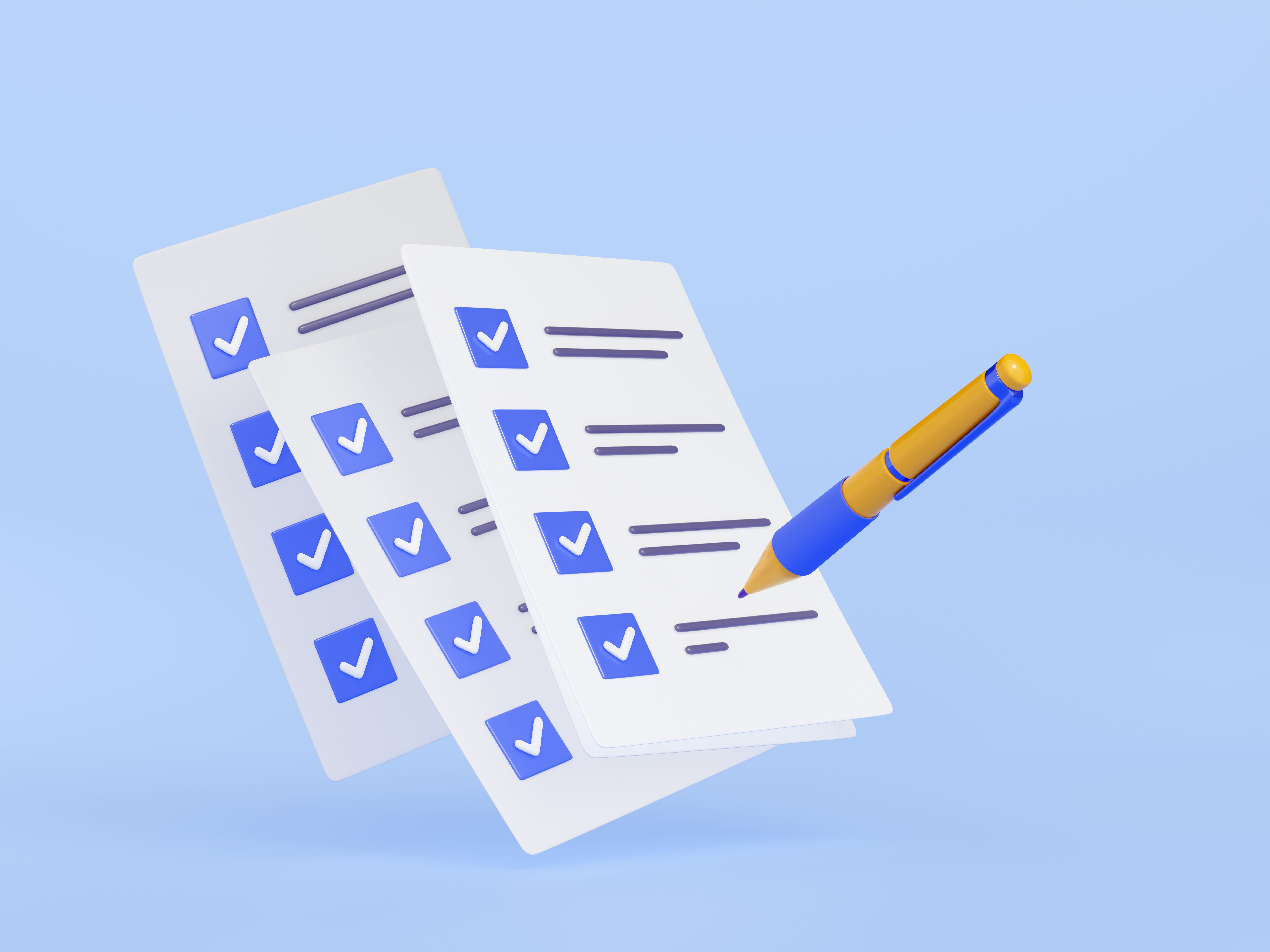 3D illustration of pen putting blue ticks on paper Code of Conduct