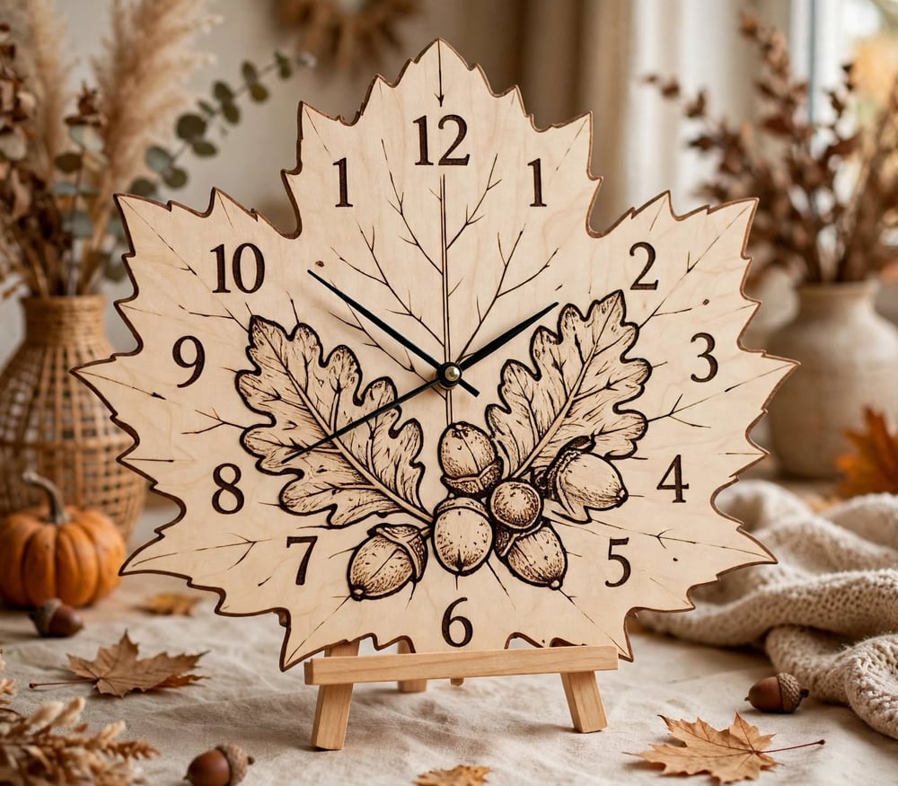 Horloge en Bois Forme Feuille d'Érable - Décoration Automne