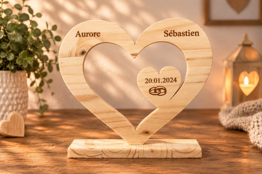 Cœur en Bois Personnalisé – Décoration Romantique avec Prénoms et Date