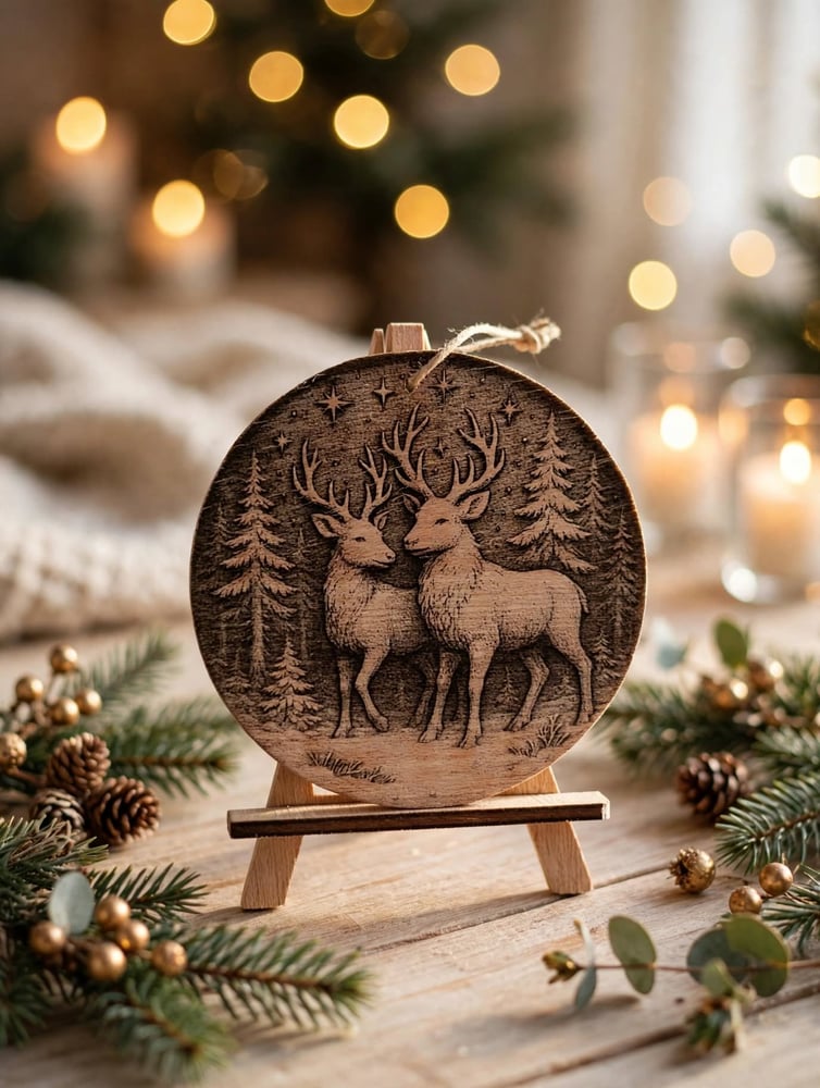 Décoration de Noël en bois gravée au laser – Deux rennes en forêt