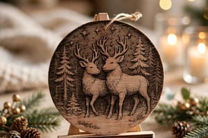 Décoration de Noël en bois gravée au laser – Deux rennes en forêt