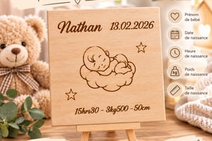 Plaque de naissance personnalisée en bois – Un souvenir unique 30x30
