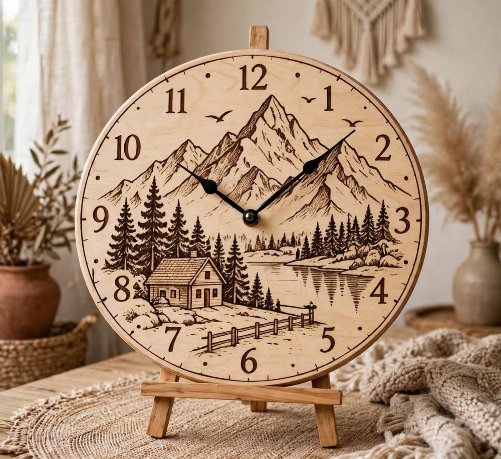 Horloge en Bois Gravée Chalet Montagne - Horloge Lac et Forêt Okoumé 40 cm