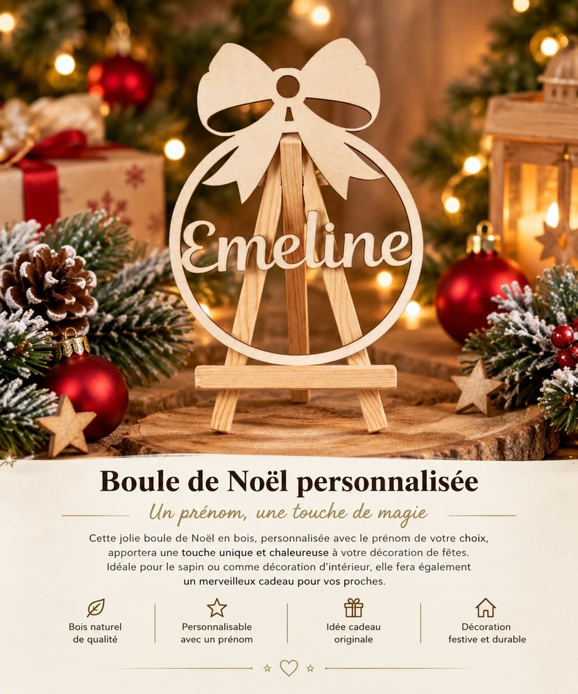 Boule de Noël Personnalisée en Bois - Ornement Prénom avec Nœud | Décoration Sapin