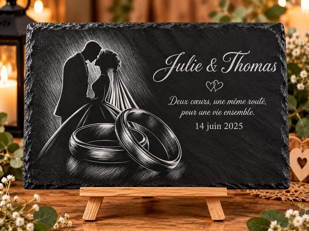 Tableau Gravé pour Mariage sur ardoise  – Décoration Personnalisée avec Mariés et Alliances