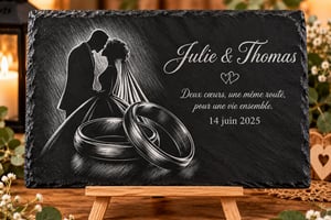 Tableau Gravé pour Mariage sur ardoise  – Décoration Personnalisée avec Mariés et Alliances