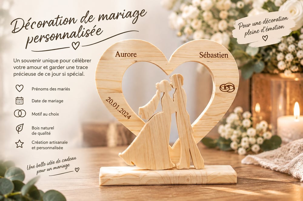 Cœur des Mariés personnalisé en bois