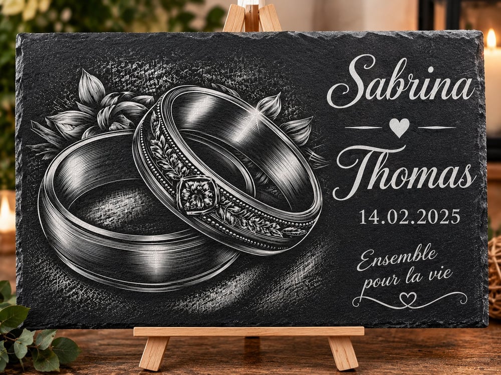 Gravure Personnalisée sur Ardoise pour Mariage – Alliances, Prénoms et Date – Cadeau de Mariage