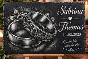 Gravure Personnalisée sur Ardoise pour Mariage – Alliances, Prénoms et Date – Cadeau de Mariage